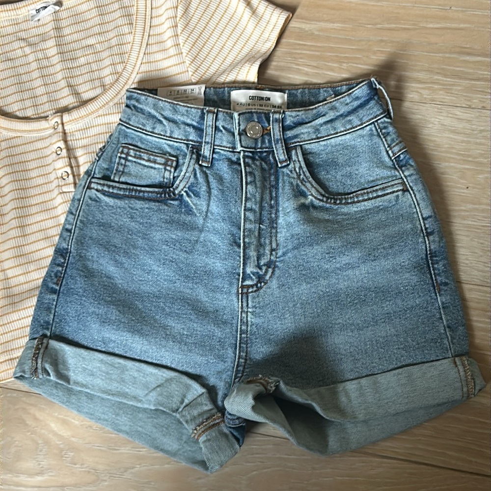 New Cotton On High Rise Classic Denim Rolled Cuff Stretch Jean Shorts